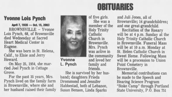 Obituary for Yvonne Lois Pynch, 1939-2003 (Aged 68)